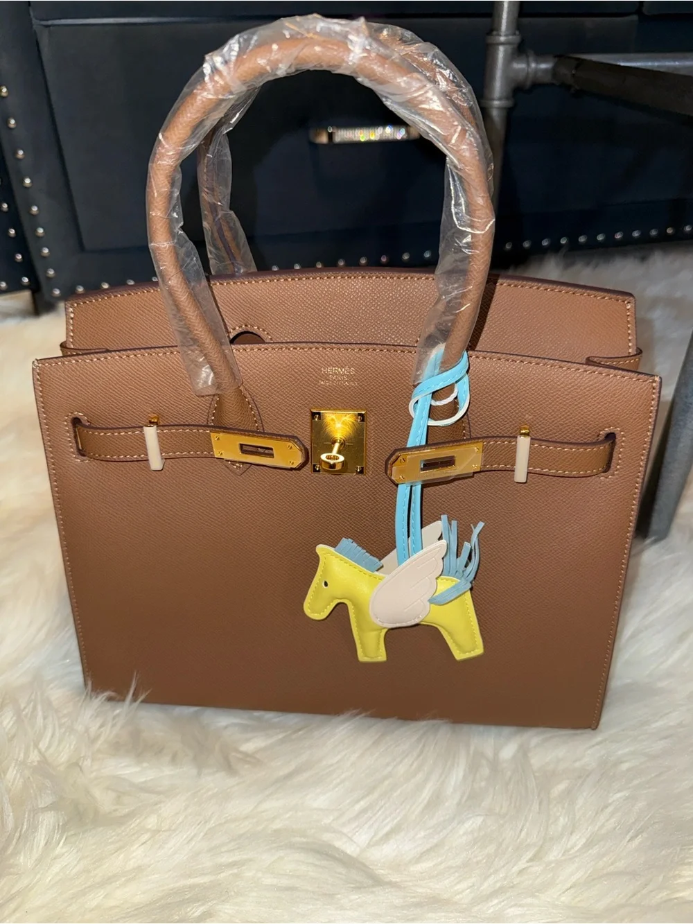 Hermès-style Brown Leather Top-Handle Tote with Yellow Charm